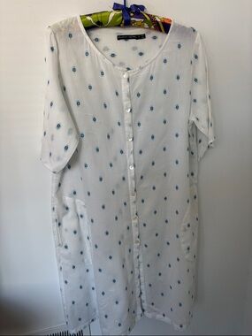 Gudrun Sjoden Button-Front Dress, white w/ blue print, pockets, cotton, size M